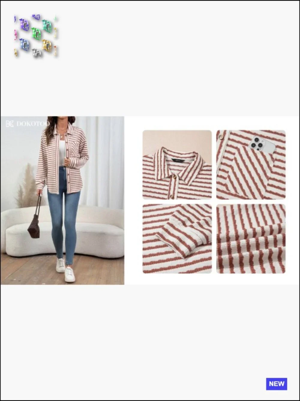 Casual Oversized Striped Shacket Jacket Long Sleeve Button Down Fall Coat - Picture 7 of 7